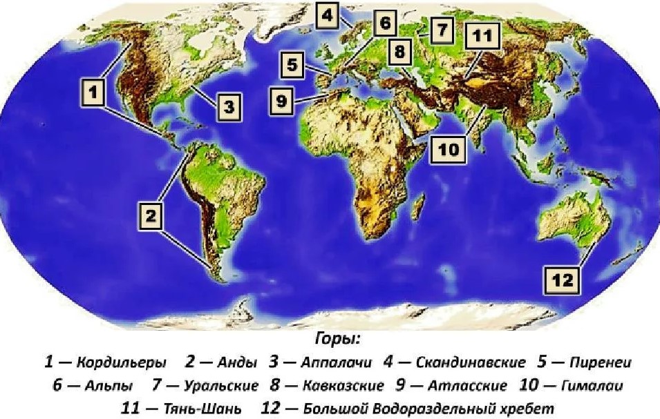 Карта мира с горами и равнинами география 5 класс